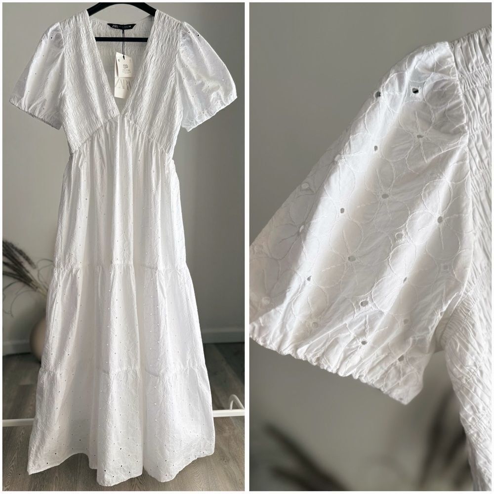 Zara Embroidered Openwork Eyelet Dress White Smocking